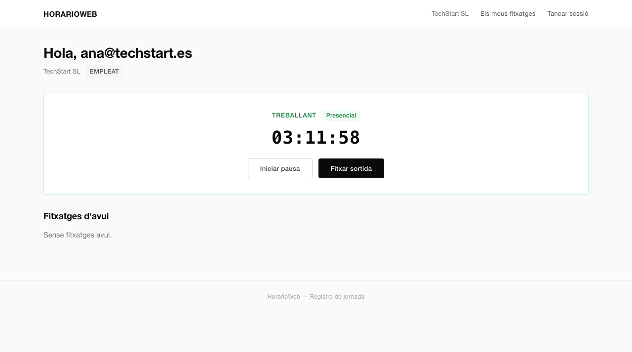 Tauler de control d'HorarioWeb mostrant el registre de jornada actiu